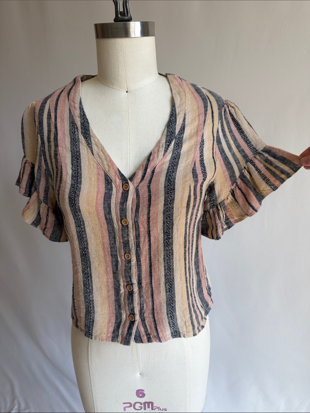 DREW Striped Button-Front Ruffle Sleeve Top in Pink, Cream & Charcoal